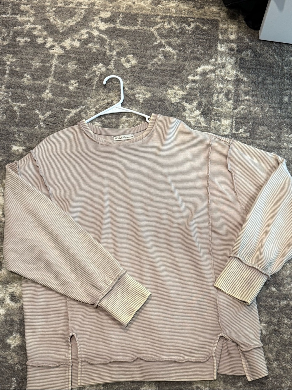 Zenana Outfitters Ribbed Crewneck Top in Light Taupe